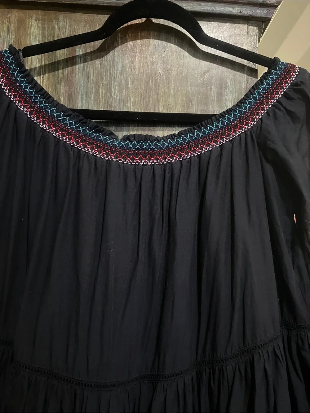 Free People Black Strapless Boho Dress with Pink & Red Floral Embroidery
